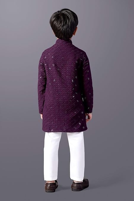 Image of Valaki Kurta Pajama Set for Boys Cotton Blend Mirror Work Embroidery Kurta Pyjama for Boys