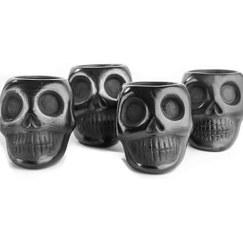 MEXTEQUIL - Tequila Shot Glasses - Set of 4 Oaxaca Black Clay Mexican Shot Glasses - 2 Oz (Skull) Cover