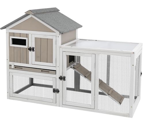 48" L Rabbit Hutch Indoor and Outdoor 2-Story Rabbit Cage with Pull Out Tray,Fir Wood Pet House with Wooden Ramp,Waterproof Bunny Cage Indoor with 2 Asphalt Roofs,Grey