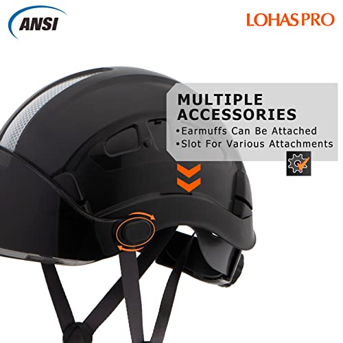 LOHASPRO Hard Hats Construction Safety Helmet with Visor ANSI Z89.1 Approved OSHA Hardhat, Vented Men Work Hard Hat with Chin Strap Tree Climbing Arborist Helmet (P2 Black+Smoked Visor)