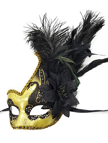 Awlsyj Women's Feather Masquerade Mask Venetian Halloween Mardi Gras Costumes Party Ball Prom Mask (ZA Gold/Black) - Thumbnail 2
