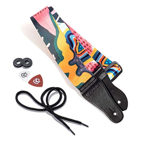Mouse over image to zoom in KLIQ Vintage Woven Guitar Strap for Acoustic and Electric Guitar | 2 Rubber Strap Locks Included (Artist Sublimated Collage)