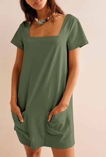 Image of AlvaQ Womens Solid Color Casual Summer Square Neck Short Sleeve Mini Dresses with Pockets