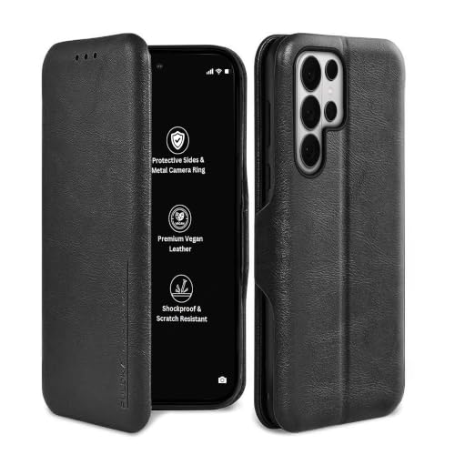 Image of PULOKA Premium Vegan Leather Phone Cover with Card Slot - Compatible with Samsung Galaxy S25 Ultra - Sleek Flip Case, Slim, Durable, Privacy Protection, Kickstand Function (Black)