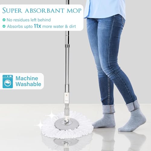 Image of Stainless Steel Spin Mop with Bucket Set for Floor Cleaning | Mop Bucket | Mop Set with 1 Microfiber Refill, Wheels, Dual Compartment Design, Microfiber Head - Grey and White