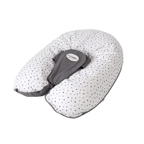CANDIDE - Schwangerschafts- und Stillkissen, multifunktional, 3-in-1, Multirelax, Patentiert, Babywippe, 3-9 kg, abnehmbarer Bezug, Microperlen (Grau/Sterne)