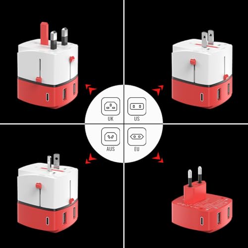 Image of Goldmedal Voltup Universal Travel Adapter with 2 Type-C & 2 Type-A USB Ports | PD Fast Charging Support | Compatible with Multiple Plug Types | Perfect for International Travel | Red & White