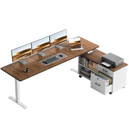 Image of OffiGo 71 inch L Shaped Electric Standing Desk with Cabinet Sets, Walnut /White | Mobile Drawers & File Cabinet Sets for Flexible Layout, Height Adjustable Executive Stand Up Desk for Home Office Workstation