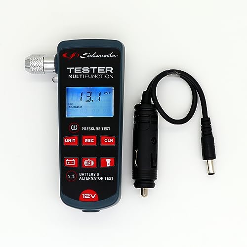 Schumacher Electric XP200 - Testeur 3 en 1 Batterie 12V - Alternateur & Pression des Pneus - Super Compact, Portable, Allume-Cigare - Lampe LED Intégré