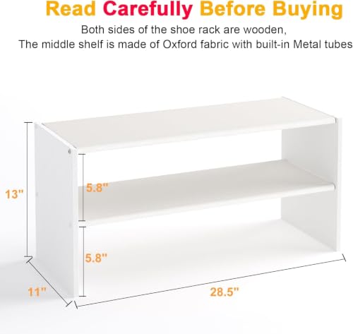 Cidaziya 2 Pack 2 Tier Small Shoe Rack for Closet, Stackable Shoe Shelf Organizer, Wood and Cloth Structure, Hold 18-24 Pairs of Shoes, Portable White Shoe Storage Organizer, Size 28.5"* 11" * 13" - Image 3