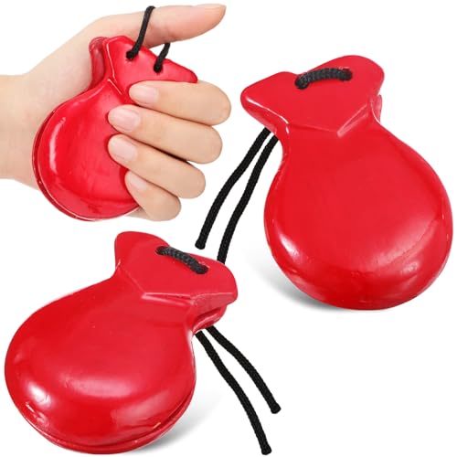 Motionchic 2 Pack Spanish Castanets Flamenco with String Traditional Wood Hand Percussion Castanets for Adults Music Instrument Spain Souvenir Gift, 1 Pair(Red)