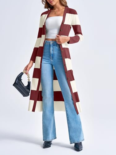 Image of Saodimallsu Womens Striped Sweater Dress Button V Neck Long Sleeve Knit Fall Trendy Bodycon Midi Dresses Cardigans