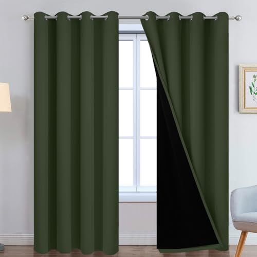 Image of Yakamok Greyish Green 100% Blackout Curtains 84 Inches Long 52 inch Wide, 2 PCS | Blackout Curtain Panels for Bedroom, 2 Thick Layers Grommet Top Thermal Insulated Drapes with Black Liner for Living Room