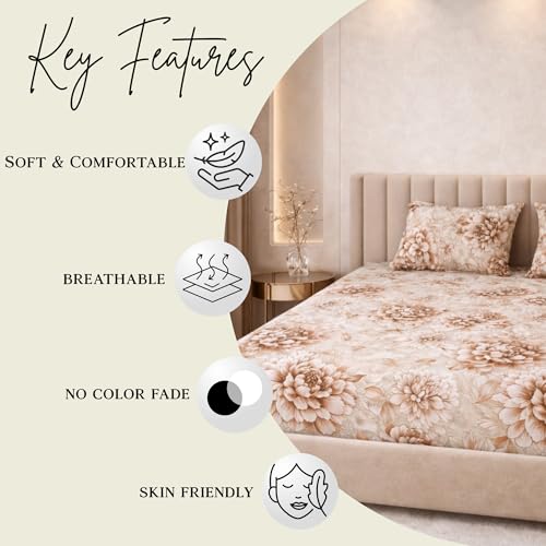 Image of THEA King Elastic Fitted Double Bedsheet Set| 100% Cotton Like Soft Fabric | Microfiber King Elastic Double Bedsheet for King Size Bed (72 X 78 x 10 inches) with 2 Pillow covers,Mocha Bloom