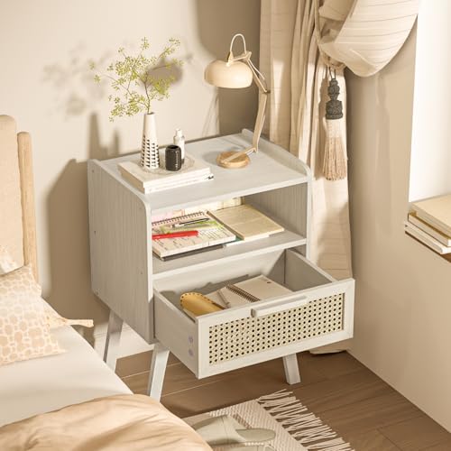 Image of Lerliuo Rattan Nightstand, Side Table with Drawer Open Shelf | Bedside End Table with Solid Wood Legs, Mid Century Modern Night Stand for Bedroom, Dorm and Small Spaces (Grey White)