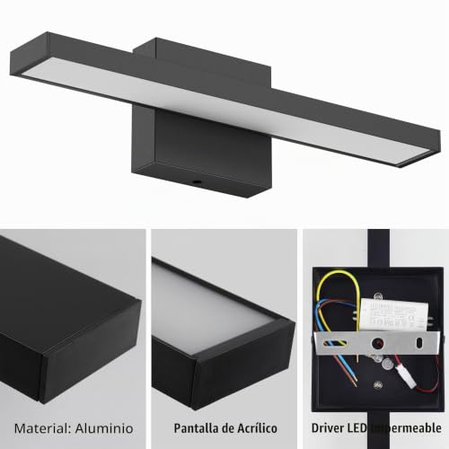 Miniatura 5 de Klighten Luz De Espejo Baño Led 40cm, 12w 1080lm Luz De Pared De Baño Espejos Ip44, Lamparas De Espejo Baño, Aplique Espejo Baño Moderno, 3000k Blanco Cálido, 60 Leds, 110-240v, Negro