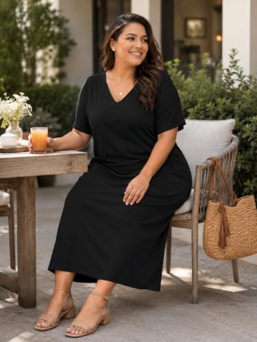 Image of SUZONANA Women Casual T-Shirt Dress V Neck Short Sleeve Solid Color Oversize Dress with Front Two Pockets