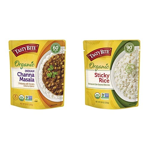 Tasty Bite Indian Channa Masala Entrée (60 onzas, 6 unidades) + arroz blanco pegajoso orgánico (8.8 onzas, paquete de 6)  Apto para microondas,