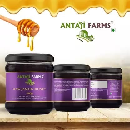 Image of ANTAJI FARMS Raw Jamun Honey Pure and Natural, Unprocessed & Unpasteurized Healthy Honey | Harvested from Wild Honey Bee Hive Honey Reusable Airtight Jar (500gm)