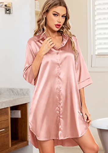 Samring Women's Nightshirt 3/4 Sleeve Button Down Nightgown V-Neck Silk Satin Sleepshirt Pajama Dress Rose Gold Xl #TOP1