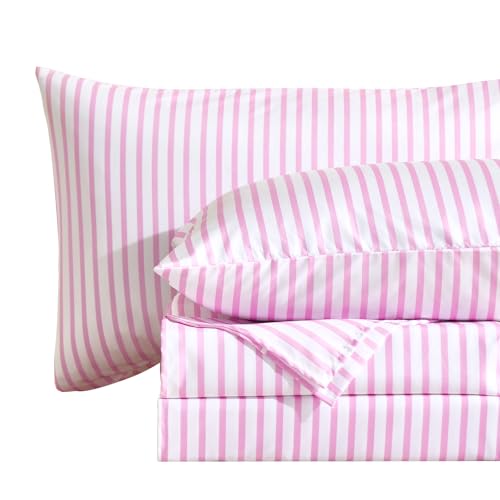 Image of MCO 4Pieces Striped Sheets Set, Breathable Full Sheet Set with 16 inch Deep Pocket,Modern & Luxury, Brushed Microfiber Bedding Set(Full, Pink Simple)