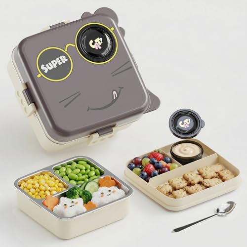 Image of Tiffin Box for School Office College, Insulated Stainless Steel Lunch Box, 3 Section Food Container, Leak Resistant Bento Box with Spoon, Durable Meal Carrier, 1120ml + 70ml (Grey, Super Cat)