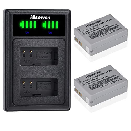 Hisewen NB-10L Batería y Cargador Dual, 2Pack 1500mAh NB10L Batería de Repuesto para Canon PowerShot G1 X, G3 X, G15, G16, SX40 HS, SX50 HS, SX60 HS Cámara