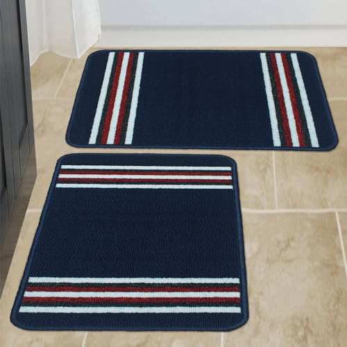 Image of Pack of 2 Nylon Bathroom Mat Anti-Skid Bath Rug | Floor Mat for Bathroom, Kitchen, Bedroom & Office |Navy Blue Stripes Design-(37x57cm)
