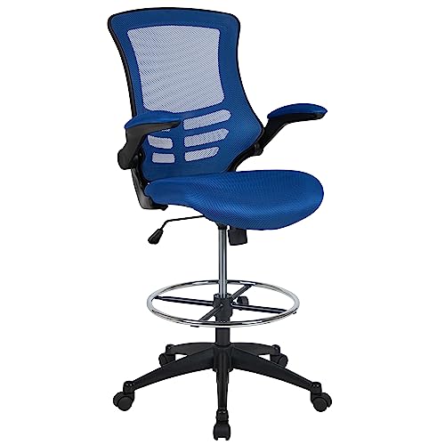 Flash Furniture Kelista Mid-Back Blue Mesh Ergonomic Drafting Chair | Adjustable Foot Ring, Flip-Up...