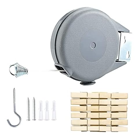 Evenwils Retractable Washing Line Portable Heavy Duty Wall Mounted Indoor Clothes Line 15m Extendable Clothesline,Easy to Install,with 12 Wooden Clips Cover