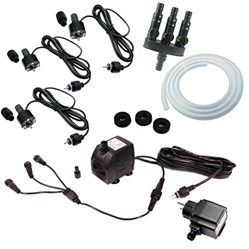 Springbrunnenpumpe mit LED Beleuchtung – Komplett-Set inkl. 3x Quellstein-LED, 3-Wege-Verteiler, ½" Schlauch, 12V Netzteil & 5m Kabel – Ideal für Wasserspiele & Gartenbrunnen (800 L/H, Warm-Weiß)