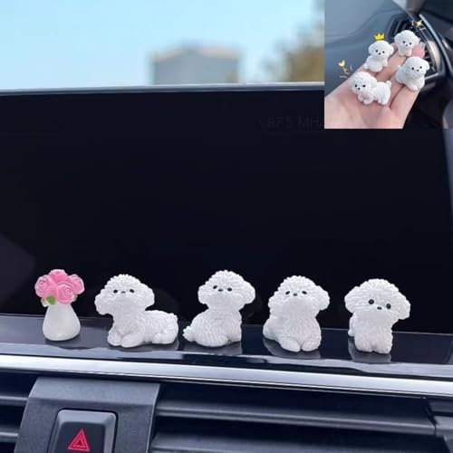 KKpxafl Cute Bichon Frise Car Ornaments Cartoon Car Dashboard Rearview Mirror Decorations Navigation Display Accessories (5 Pcs)