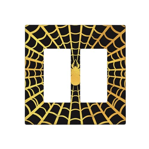 Decorative Outlet Covers Black Background with Golden Spiderweb Spider 2 Gang Light Switch Cover Plate Double Rocker Wall Plate Switch Plate Covers for Bedroom Decor