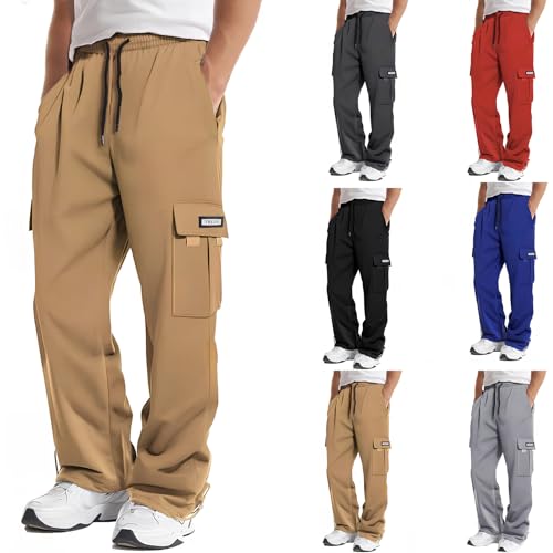 Cargo Sweatpants for Men Drawstring Waist Relaxed Fit Outdoor Joggers Straight Leg Hiking Workout Pants with Pockets