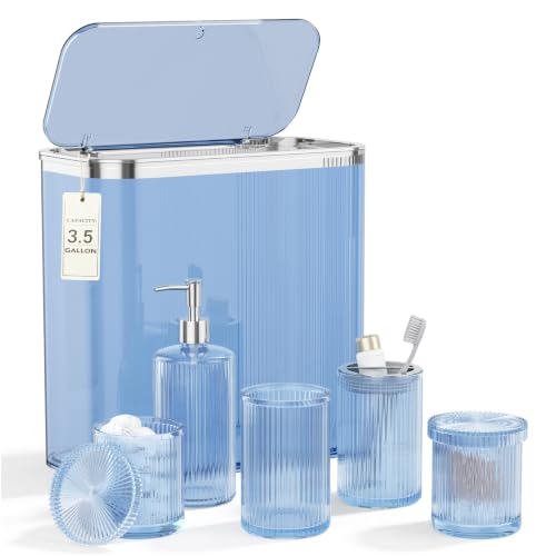 Blue Bathroom Accessories Set, 3.5 Gal Trash Can with Press-Top Lid, Glass Bathroom Set Inclued Soap Dispenser, Toothbrush Holder, Tumbler, Qtip Holders, Vintage Bathroom Sink Set Cute Bathroom Decor