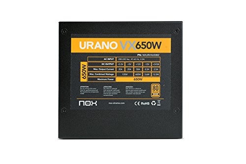 Nox Urano VX 650W -NXURVX650BZ- Fuente de alimentación 650W, certificado 80 PLUS Bronze, ventilador 120mm con control PMW, cables planos extralargos, color negro