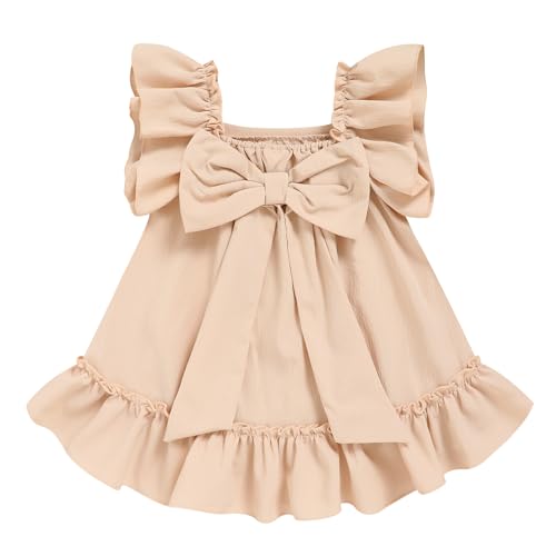 Image of Sinhoon Toddler Girl Dress Flutter Sleeve Kids Hem Wrinkle-Resistant Back Bow Dress | Summer Fashion Dresses