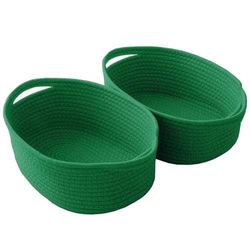 Image of JMvicyroam Small Woven Basket, Empty Gift Basket, Green /2 Pack | Small Gift Basket, Cotton Rope, 12 x 8 x 19 in, Handles, Includes Ribbon and Bag, Birthday Gift Basket