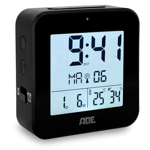 ADE Reloj Despertador radiocontrolado Digital con Pila | Despertador Inteligente con 2 Horas de Alarma | termómetro e higrómetro | Despertador de Viaje | Negro