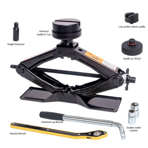 Image of Scissor Jack 1.8 Ton Kit for Tesla Model 3 Y | Detachable extension column. Extra wide base. 2 rubber pads for Tesla + universal. Ratchet wrench. Storage bag included.
