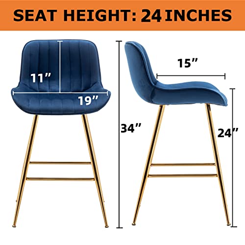 Sidanli 24 Inch Bar Stools, Gold Bar Stools Set Of 2, Blue Velvet Counter Height Stools. #TOP1