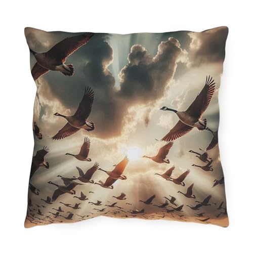 Vibrant Double-Sided Outdoor Pillow - Geese Flying Across Cloudy Skies