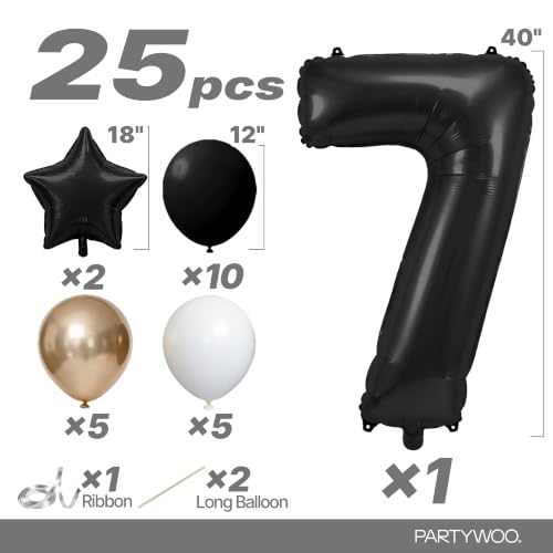 Image of PartyWoo Black Number 7 Balloon 40 Inch 25pcs Black Foil Star White Gold