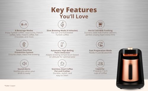 Arzum Okka Rich Spin Pro Turkish Coffee and Hot Beverage Maker, Velvetiser, Milk Frother, 5 Cups, Stainless Steel Cooking Pot (Copper) - Image 2