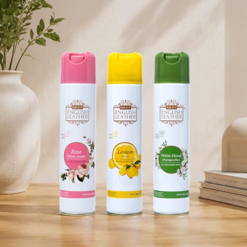 Image of Next Care English Leather Air Freshener Spray 220ml Each | Long Lasting Room Freshener for Home, Office & Car | Odour Eliminator (White Floral, Rose & Lemon)