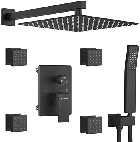 Full Body Rain Shower System with 4 Body Shower Jets & 12’’ Wall Mount Rainfall Shower Head & Handheld, DASAN Multi Shower Head System Matte Black Rain Shower Faucets sets Combo with Rough-in Valve