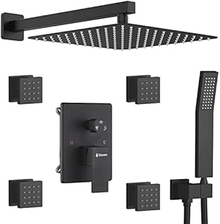 Full Body Rain Shower System with 4 Body Shower Jets & 12’’ Wall Mount Rainfall Shower Head & Handheld, DASAN Multi Shower Head System Matte Black Rain Shower Faucets sets Combo with Rough-in Valve