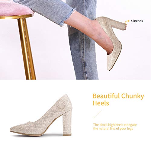 Idifu Women's In4 Chunky-Hi Block High Heels Closed Pointed Toe Pumps Dress Office Shoes For Women (8, Gold Glitter) #TOP3