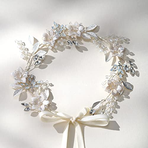 Sweetv Handmade Bridal Headband Silver Wedding Hair Accessories For Brides Hair Pieces Floral Wedding Headpieces For Flower Girl Bridesmaid #TOP1