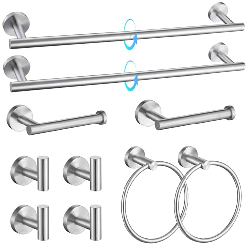 TQKAG Brushed Nickel Bathroom Hardware Accessories Set - 10-Piece Premium SUS304 Stainless Steel Towel Bar Holder Set with 23.6 Inch Round Towel Racks for Wall Mounted Bathroom
